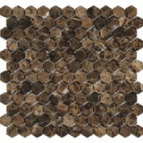 1 x 1 Tumbled Emperador Dark Marble Hexagon Mosaic Tile - MosaicBros.com