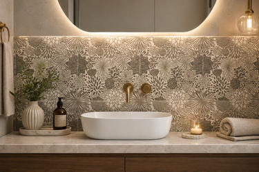 White marble mosaic tile from Mythology Tile's Lidya Garden collection, showcasing intricate marble pieces and elegant design.