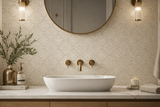 White marble waterjet mosaic tile by Mythology Tile featuring intricate marble patterns and a polished finish.