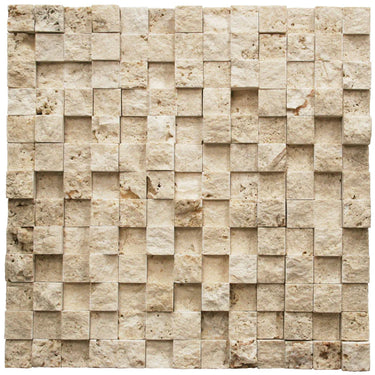 1 x 1 Split-faced Ivory Travertine 3-D Mosaic Tile - MosaicBros.com