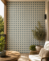 Scallop-shaped travertine Venato mosaic tiles by Mythology Tile, showcasing elegant natural stone patterns and craftsmanship.