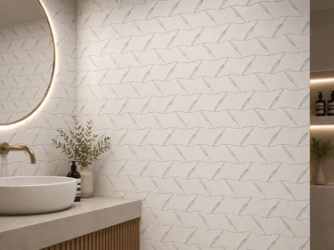 White marble waterjet mosaic tile with leaf pattern, designed for wall installation by Mythology Tile.