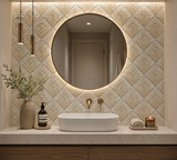 White gold marble geometric mosaic tile by Mythology Tile featuring intricate marble patterns and a modern mosaic design.