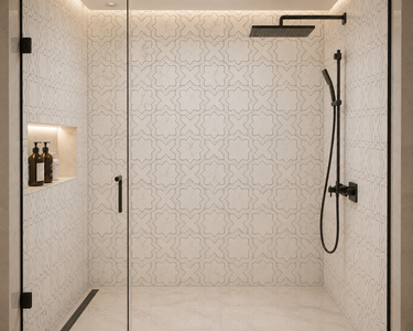 White dolomite and Turkish Carrara marble mosaic tile from Mythology Tile, featuring intricate waterjet-cut mosaic design.