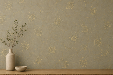 Golden Blossom floral mosaic tile by Mythology Tile, 18x18 inches with intricate golden and floral design for decorative surfaces.