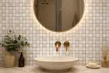 White marble Zeno Limra waterjet mosaic tile for wall installation, featuring intricate pattern and polished surface by Mythology Tile.