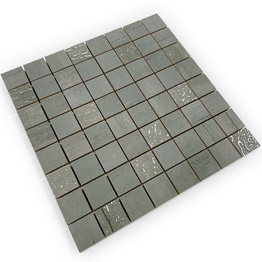 Mir Atlantis Smoke Mosaic tile showing a pattern of smoky gray glass mosaic tiles for wall or backsplash decoration.