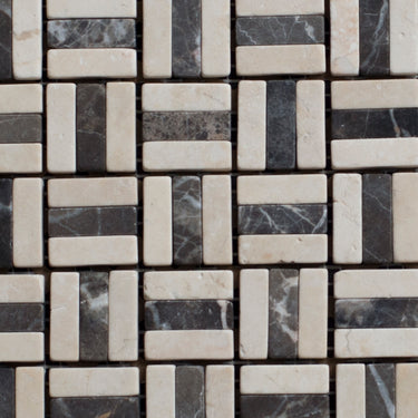 Crema Marfil and Emperador Mixed 1 x 1 Tumbled Marble Mosaic Tile - MosaicBros.com