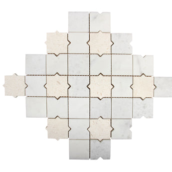 White marble Zeno Limra waterjet mosaic wall tile by Mythology Tile, showcasing intricate marble pattern for elegant wall decor.