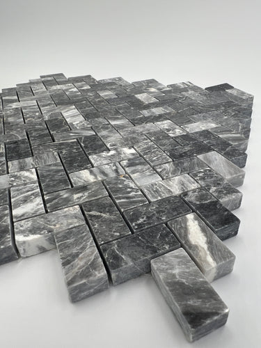 5/8 x 1 1/4 Bardiglio Marble Herringbone Polished Mosaic Tile - MosaicBros.com