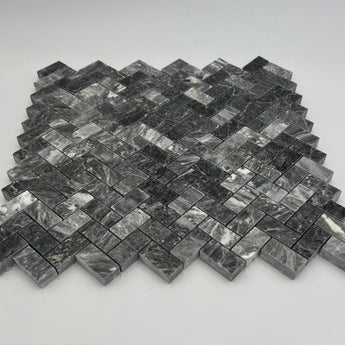 5/8 x 1 1/4 Bardiglio Marble Herringbone Polished Mosaic Tile - MosaicBros.com