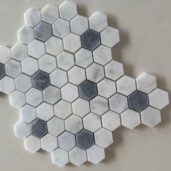 Crystal White & Opaque Grey Honed Hexagon Mosaic Tile - MosaicBros.com