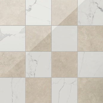 Ivory and Carrara polished marble checkerboard pattern natural stone tile with a smooth, glossy finish.