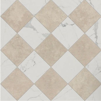 Ivory and Carrara polished marble natural stone tile with a 12x12 checkerboard pattern, showcasing elegant, glossy surface details.