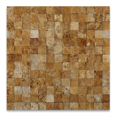 1 x 1 Split-faced Gold Travertine 3-D Mosaic Tile - MosaicBros.com
