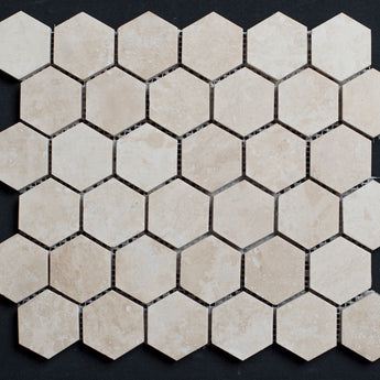 Ivory Travertine 2x2 Hexagon Honed and Filled Mosaic - MosaicBros.com