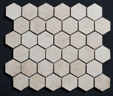 Ivory Travertine 2x2 Hexagon Honed and Filled Mosaic - MosaicBros.com