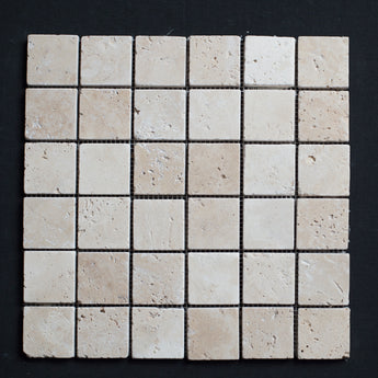 Ivory Travertine 2x2 Tumbled Mosaic - MosaicBros.com