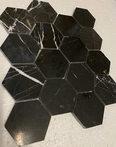 Nero Marquina Marble 3x3 Hexagon Honed Mosaic - MosaicBros.com