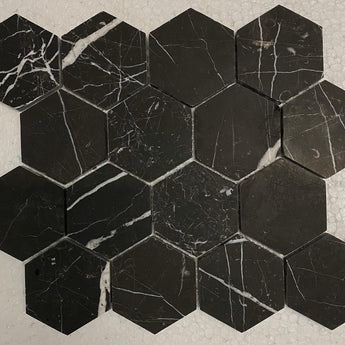 Nero Marquina Marble 3x3 Hexagon Honed Mosaic - MosaicBros.com
