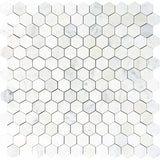 1 x 1 Honed Oriental White Marble Hexagon Mosaic Tile.