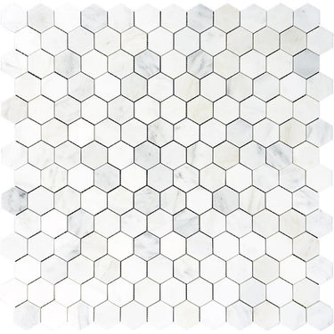 1 x 1 Honed Oriental White Marble Hexagon Mosaic Tile.