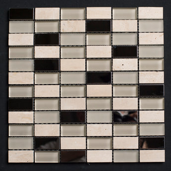 Creamy Glass Stainless Steel and Ivory Travertine Rectangles Glass Mosaic Tile - MosaicBros.com