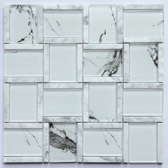 Glass and Carrara Marble Pattern Glass Mosaic Tile - MosaicBros.com