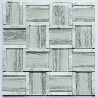 Glass and Aluminum Pattern White Wood Look Glass Mosaic Tile - MosaicBros.com