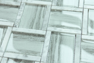 Glass and Aluminum Pattern White Wood Look Glass Mosaic Tile - MosaicBros.com