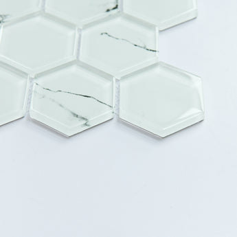 Bianco Carrara Look 2” Hexagon Glass Mosaic Tile - MosaicBros.com