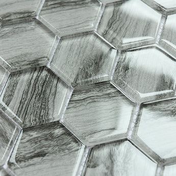 Grey Wood Look Glass 2” Hexagon Glass Mosaic Tile - MosaicBros.com