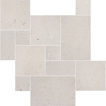Brushed Shell Stone Limestone Versailles pattern natural stone tile from MosaicBros, showcasing intricate French pattern design.