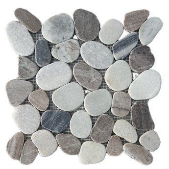 Natural stone pebble mosaic tile by Roca, featuring 11x11 inch Mist Mix pattern with smooth, rounded stone pebbles for interior or exterior use.