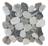 Natural stone pebble mosaic tile by Roca, featuring 11x11 inch Mist Mix pattern with smooth, rounded stone pebbles for interior or exterior use.