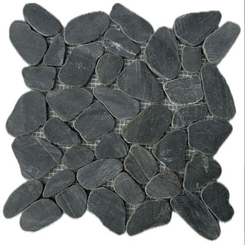 Black 11x11 natural stone pebble mosaic tile for wall application by Roca, showing textured pebble surface in close-up view.