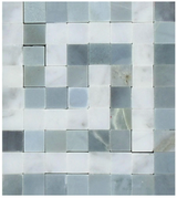 Bianco Carrara polished marble Greek key border with blue-gray accents, designed for elegant tile edging and decorative accents.
