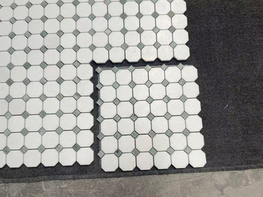 Thassos White Honed Marble Octagon Mosaic Tile w/ Mint Green Dots - MosaicBros.com