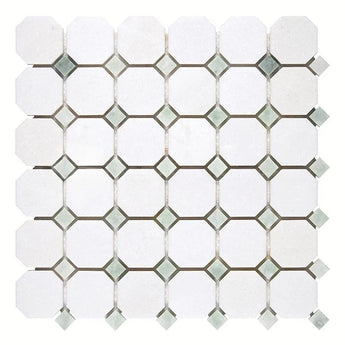 Thassos White Honed Marble Octagon Mosaic Tile w/ Mint Green Dots - MosaicBros.com