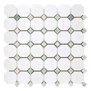 Thassos White Honed Marble Octagon Mosaic Tile w/ Mint Green Dots - MosaicBros.com
