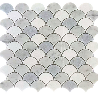 Natural stone tile by Roca featuring a blue mix, Carrara, and Thassos marble in a 12x12 fan-shaped mosaic pattern.