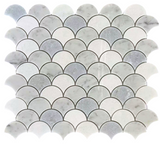 Natural stone tile by Roca featuring a blue mix, Carrara, and Thassos marble in a 12x12 fan-shaped mosaic pattern.