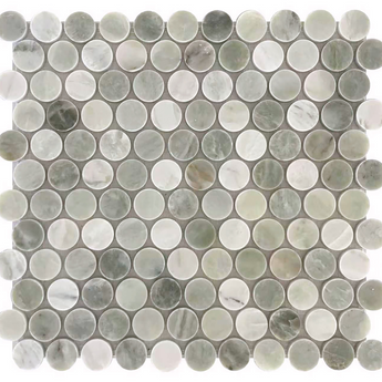 Green marble penny round mosaic tile by Roca, 12x12 inches, natural stone surface with a smooth, polished finish.
