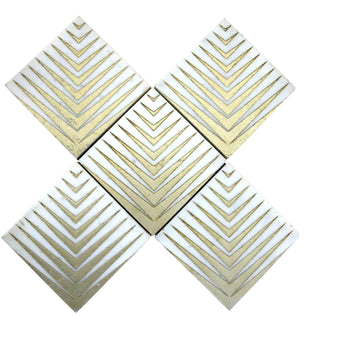 White gold marble geometric mosaic tile by Mythology Tile, showcasing intricate marble pattern and modern design for elegant surfaces.