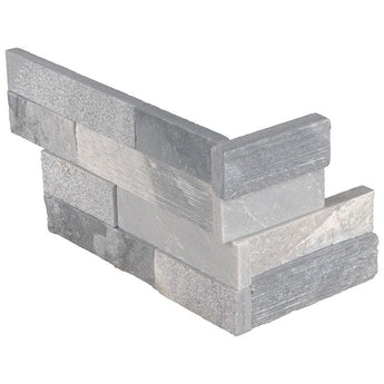 Alaska Gray Multi Finish 6x24 3D Stacked Stone Ledger Corner panel from MosaicBros showing textured gray stone design.