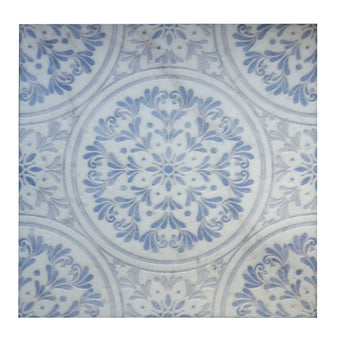Amelia Iris white marble decorative mosaic tile with soft blue ornamental pattern