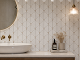 Mythology Tile Archie Dolomite beige dot marble mosaic tile showing polished marble squares with beige and white dot pattern for shower decor.