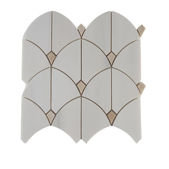Beige dolomite marble mosaic tile with dot pattern from Mythology Tile, polished surface, ideal for wall or floor decor.