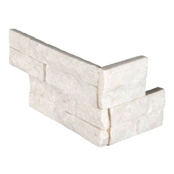 Arctic White 6x18 stacked stone ledger corner panel by MosaicBros showing textured stone surface and corner design for interior or exterior.
