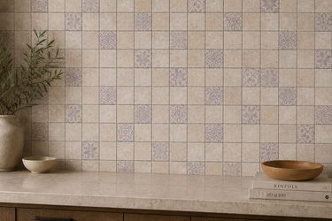 Mythology Tile Art Mix 2x2 travertine tumbled mosaic tile for backsplash, showing a natural stone pattern with earthy tones.